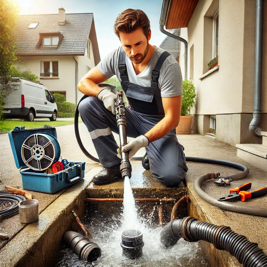 Plombier utilisant un jet d'eau haute pression pour déboucher une canalisation à Antheuil-Portes.