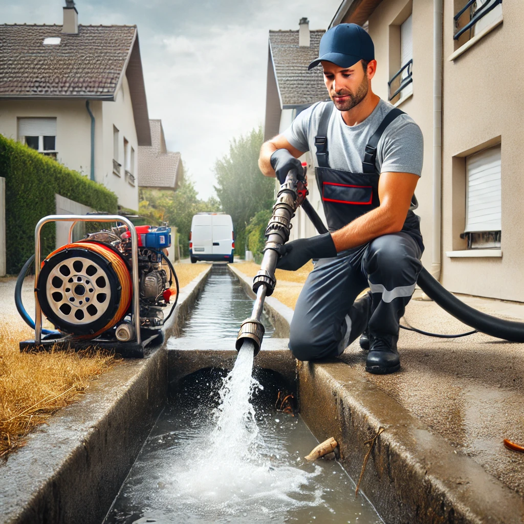 Plombier effectuant un curage de canalisation avec une machine hydro-jet à Antheuil-Portes.